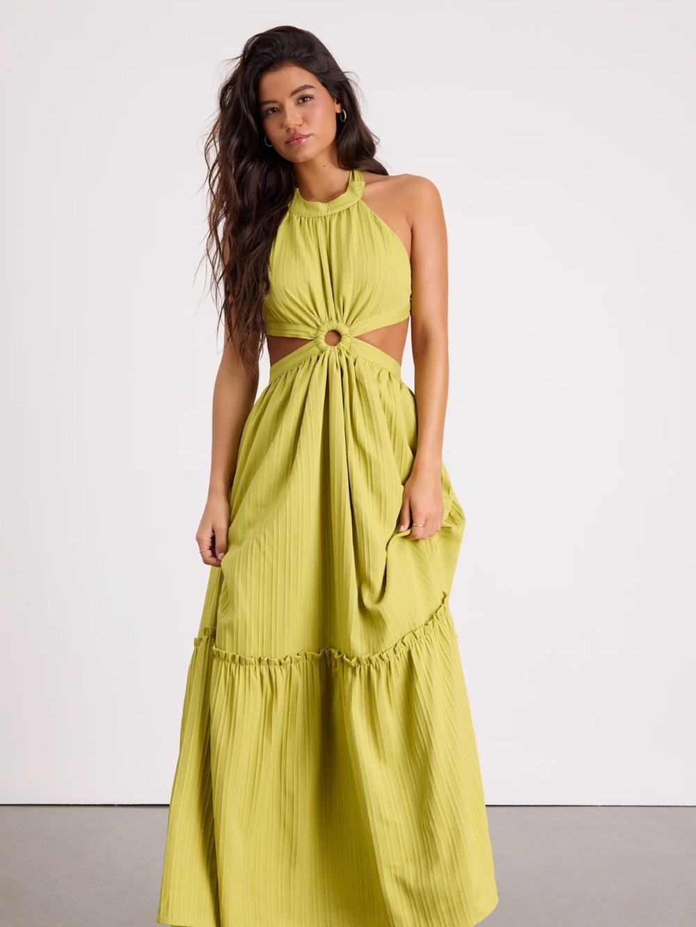 Lulu's Lime Green Halter Ring Cutout Maxi Dress
